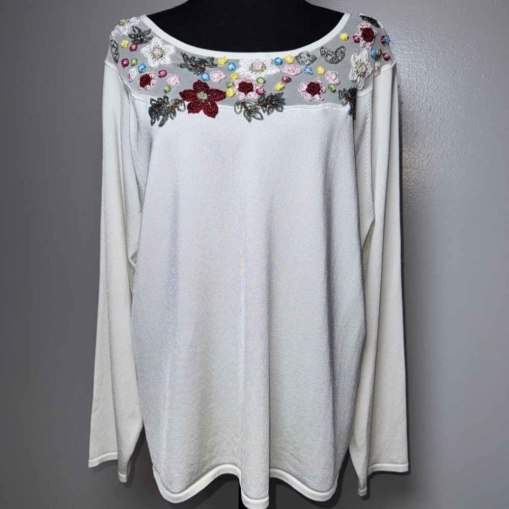 Victor Costa Occasion Floral Embroidered Beaded Mesh Neck Sweater Ivory 1X